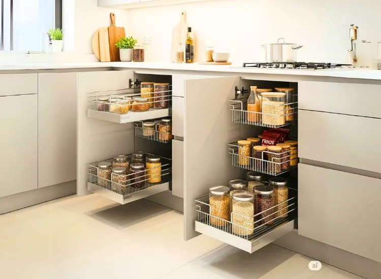 Pull-out baskets in modular kitchen design for easy storage and efficient use of small kitchen spaces.