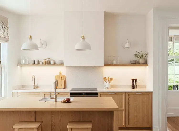 Scandinavian kitchen lighting design with minimalist pendant lights and soft lighting in kitchen for a serene, clutter-free atmosphere.