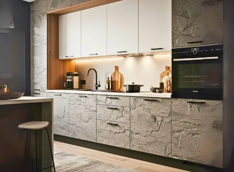 Stone-look modular kitchen cabinets blend durability with modern designs for kitchen cupboards and furniture.