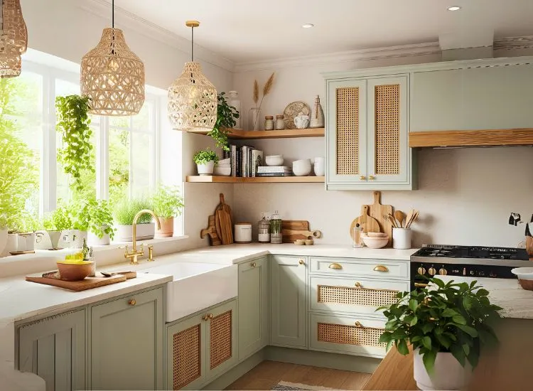 Rattan inlay modular kitchen cabinets bring breezy charm to relaxed kitchen and cabinet design themes.