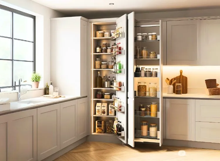 Tall units and pantry pull-outs in modular kitchen design maximize vertical storage for small kitchen efficiency.