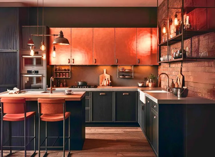 Copper panel modular kitchen cabinets add rich warmth to elegant designs for kitchen cupboards and furniture.