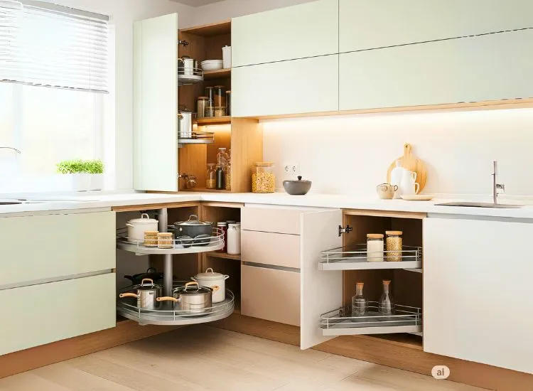Corner carousels in modular kitchen design use awkward spaces smartly for better storage and easy access.