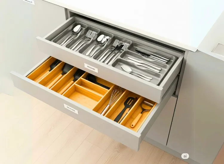 Cutlery and utensil organizers in modular kitchen design for tidy storage and easy access in small kitchens.