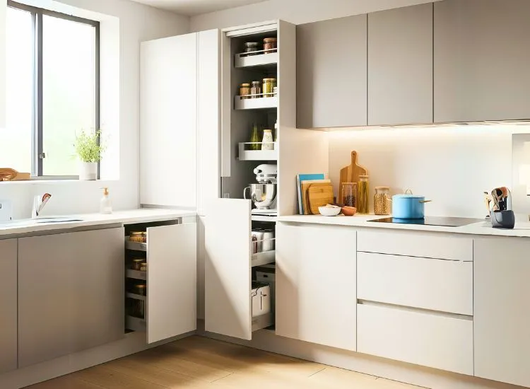 Hidden storage modular kitchen cabinets offer smart kitchen and cabinet solutions with sleek cupboard designs.