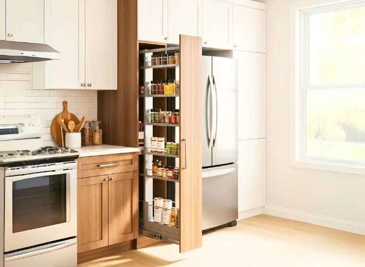Pull-out pantry in modular kitchen cabinets adds convenience to smart designs for kitchen cupboards and storage.