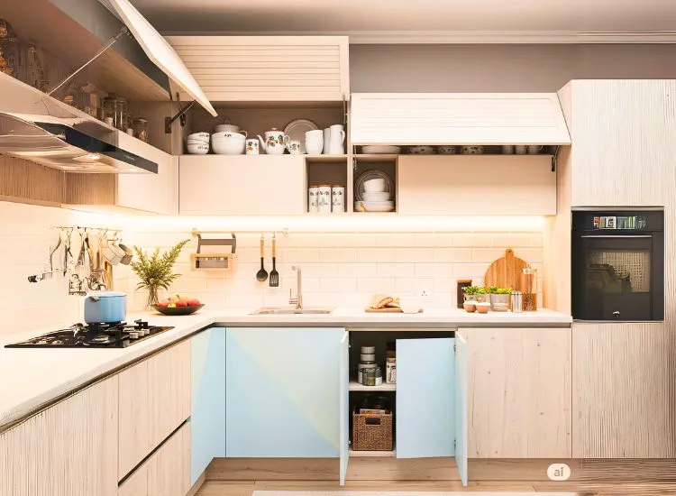 Overhead cabinets in modular kitchen design add extra storage while keeping the kitchen sleek and organized.