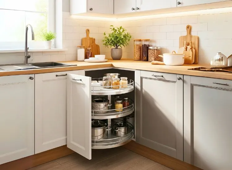 Carousel modular kitchen cabinets spin style and function into clever designs for kitchen cupboards and storage.