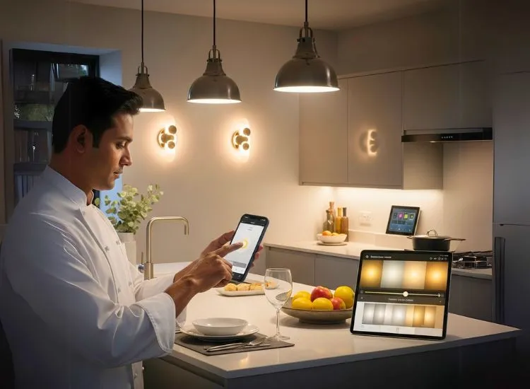 Modern kitchen lighting idea featuring smart-controlled pendant and task lights for personalized, responsive lighting in kitchen spaces.