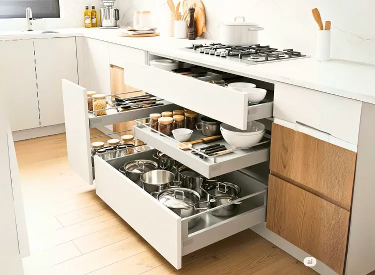 Under-counter storage in modular kitchen design offers smart space use for small kitchens and organized interiors.