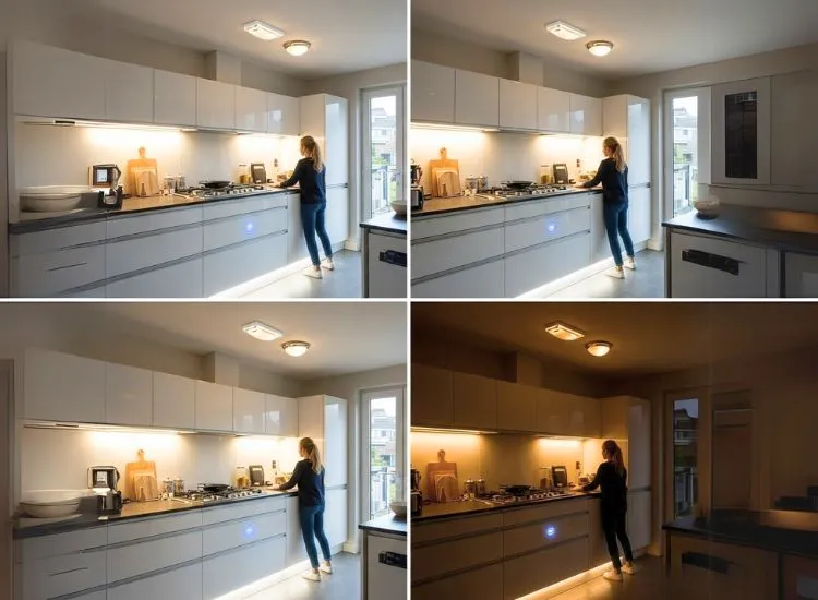 Innovative kitchen lighting design with motion-sensor lights and sleek fixtures offering hands-free brilliance in modern kitchen setups.