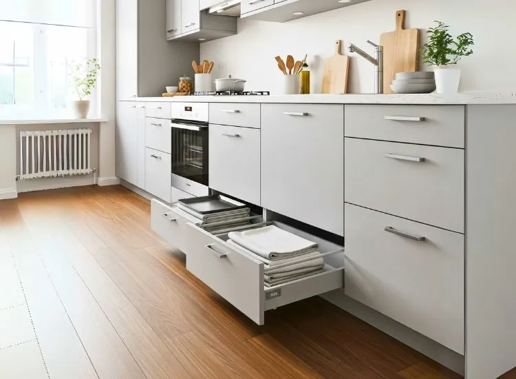 Toe-kick modular kitchen cabinets offer hidden storage and smart kitchen and cabinet design hacks.