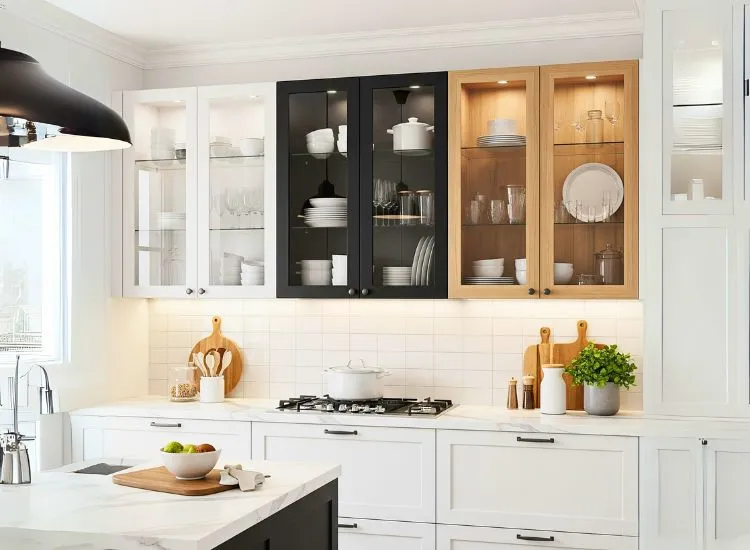 Chic modular kitchen cabinets with glass fronts highlighting modern designs for kitchen cupboards.