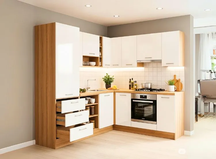 Simple design of modular kitchen with cabinets and shelves, explaining the concept of modular kitchen design.