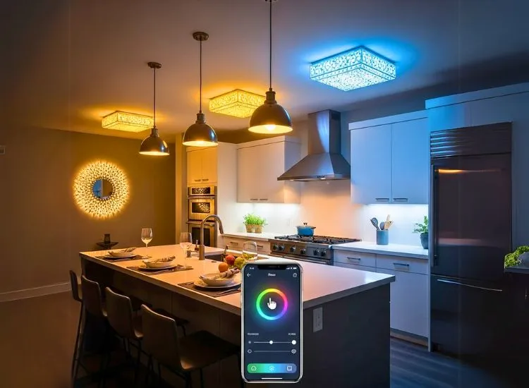 Smart kitchen lighting ideas with adjustable color temperature and brightness, enhancing flexibility in modern kitchen light design.
