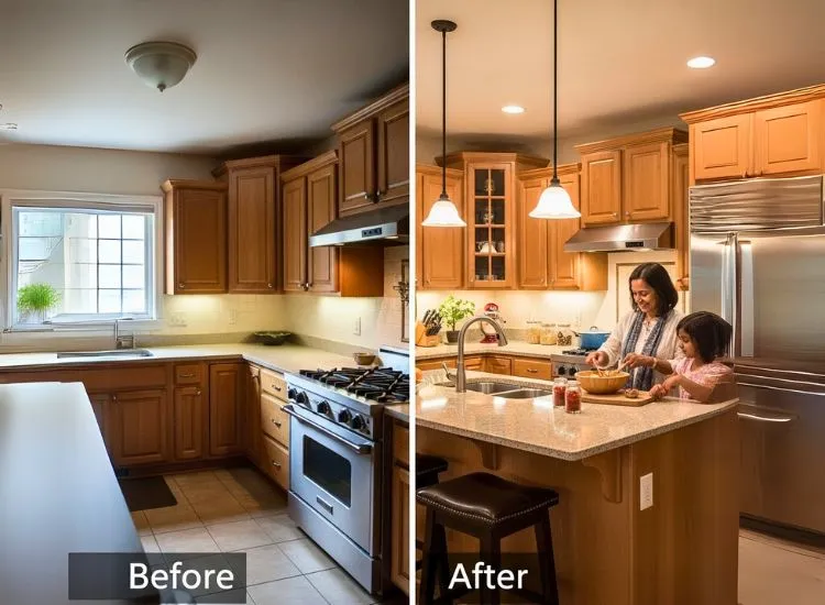 Kitchen lighting makeover featuring transformed pendant lights and updated kitchen light design that brightened a once-gloomy space.