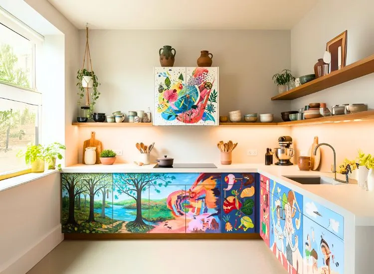 Painted murals on modular kitchen cabinets bring artistic flair to bold designs for kitchen cupboards.