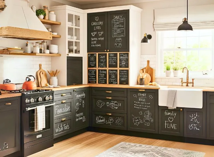 Chalkboard modular kitchen cabinets add fun and function to creative designs for kitchen cupboards and furniture.