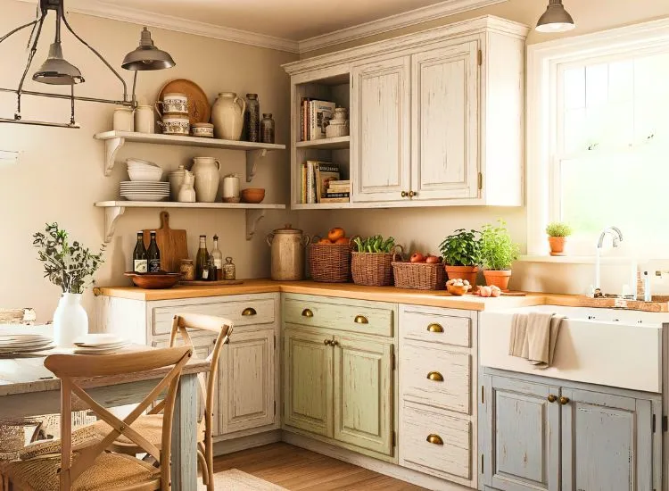 Distressed modular kitchen cabinets bring rustic charm to vintage-inspired designs for kitchen cupboards.