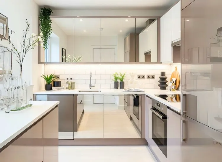 Mirrored modular kitchen cabinets create reflective depth in stylish designs for kitchen cupboards and spaces.