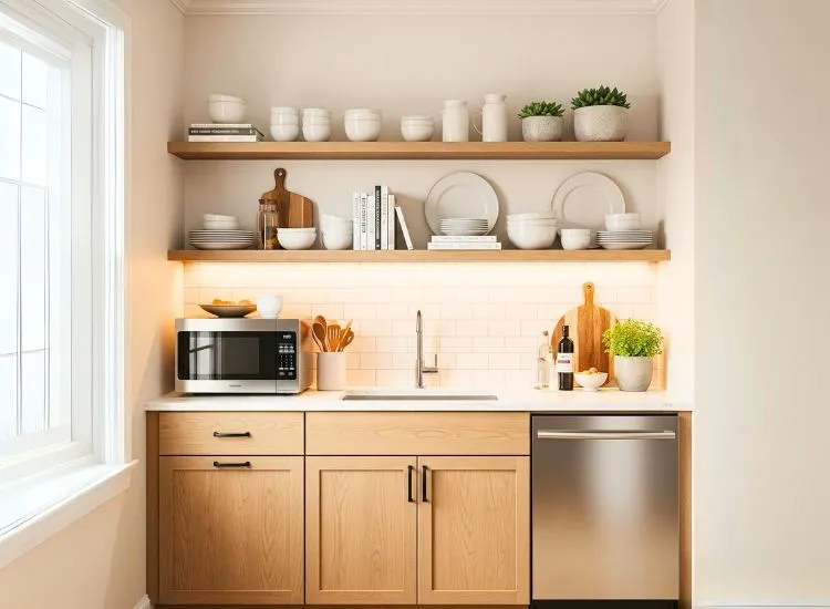 Open shelves with closed-base modular kitchen cabinets blend style and function in mixed designs for kitchen cupboards.