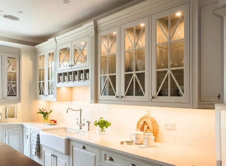 Crisscross mullion modular kitchen cabinets add decorative charm to upscale designs for kitchen cupboards.
