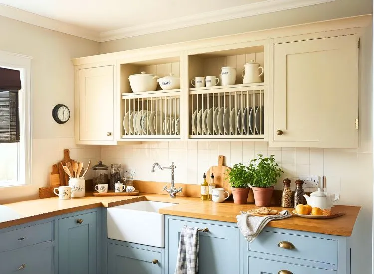 Plate rack inserts in modular kitchen cabinets offer practical and organized designs for kitchen cupboards.