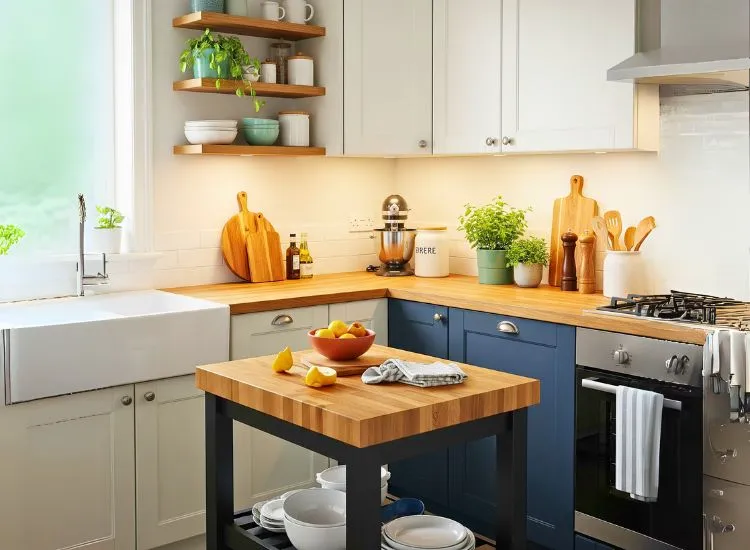 Butcher block tops pair with modular kitchen cabinets for warm, inviting designs for kitchen cupboards and counters.