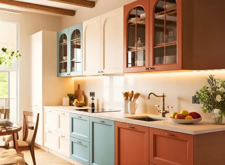 Arched modular kitchen cabinets add soft curves to elegant and unique designs for kitchen cupboards.