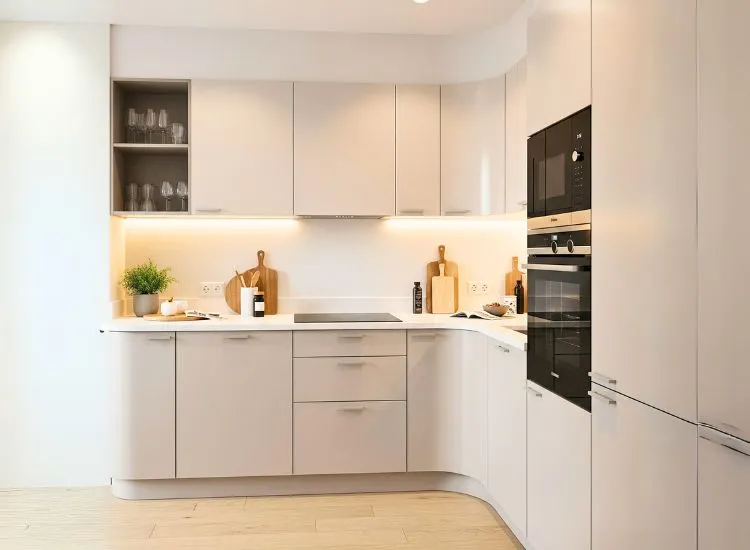 Rounded corner modular kitchen cabinets bring smooth edges to modern designs for kitchen cupboards and furniture.