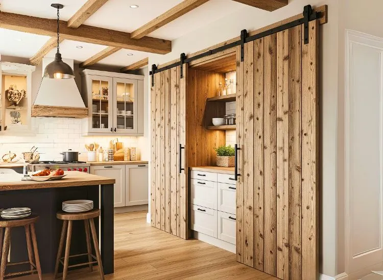 Sliding barn door modular kitchen cabinets offer a farmhouse twist to cozy designs for kitchen cupboards.
