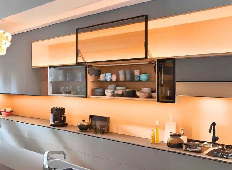 Lift-up front modular kitchen cabinets bring sleek innovation to the design of kitchen furniture and storage.