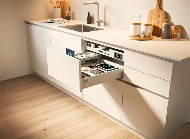 Power modular kitchen cabinets with charging ports offer tech-ready designs for modern kitchen cupboards.
