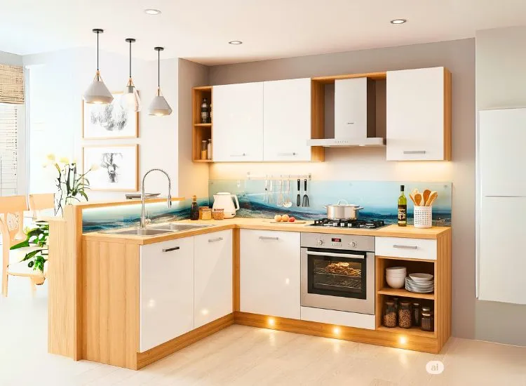 L-shaped modular kitchen design with smart corner storage, ideal for modular design for small kitchen spaces.