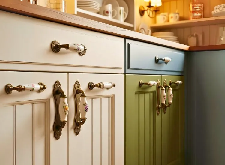 Vintage handles on modular kitchen cabinets add charm to classic designs for kitchen cupboards.