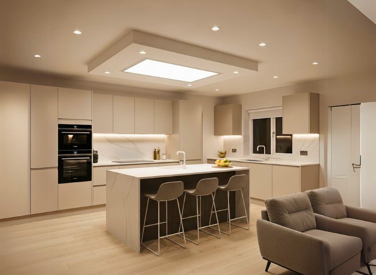 Warm ambient lighting in kitchen interiors showcasing elegant kitchen light design and innovative kitchen lighting ideas for a cozy glow.