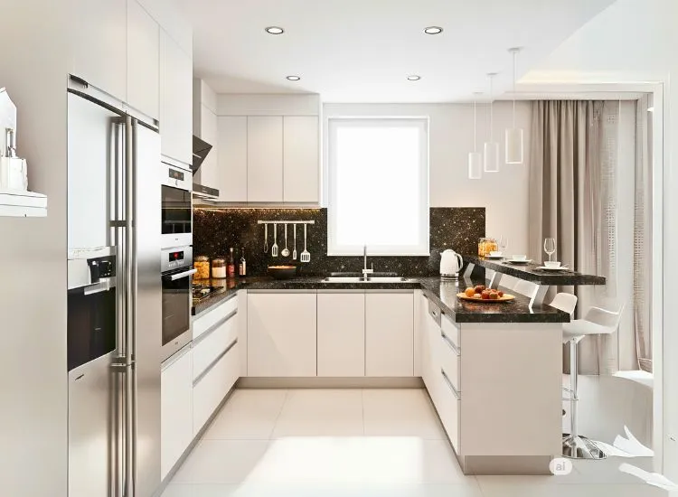 U-shaped modular kitchen and interior design with ample counter space and modern storage for efficient cooking.