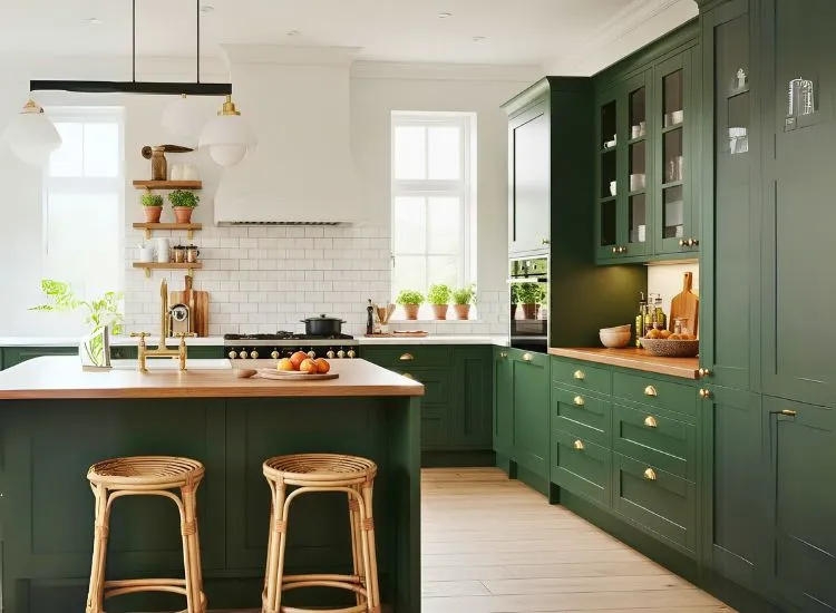Green modular kitchen cabinets make a bold kitchen and cabinet statement with fresh design of kitchen furniture.