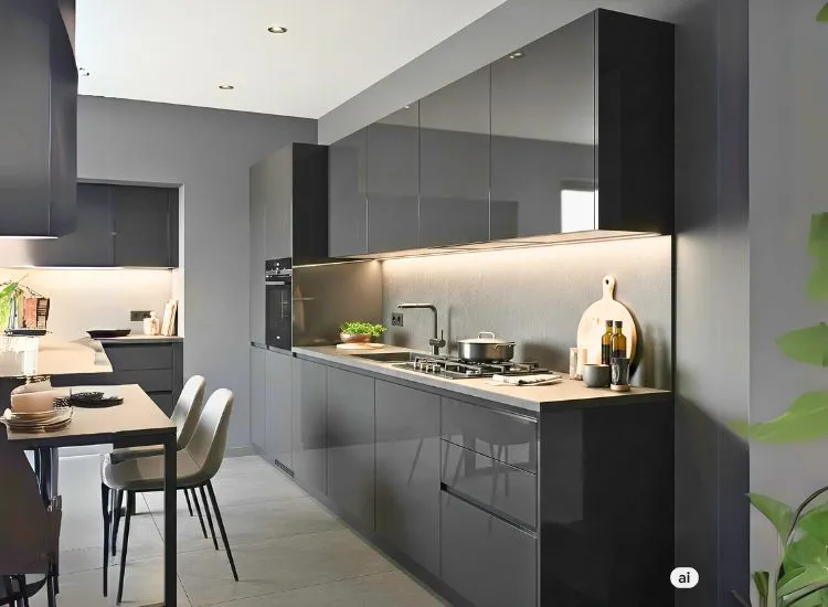 Straight modular kitchen design with sleek cabinets, ideal modular design for small kitchen and minimal spaces.