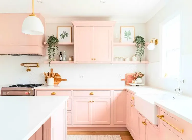 Blush pink modular kitchen cabinets bring soft charm to modern designs for kitchen cupboards and furniture.
