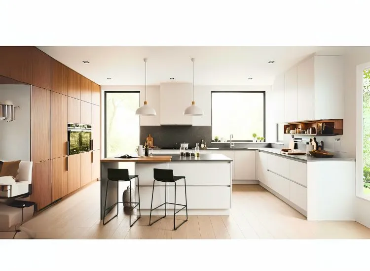 Modern island modular kitchen design with central island for prep and dining, blending style and functionality.