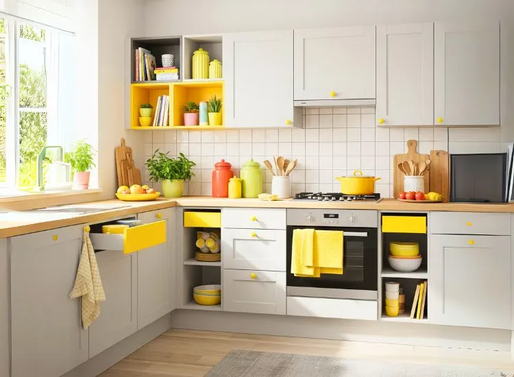 Sunny yellow modular kitchen cabinets add brightness to stylish kitchen and cabinet design of furniture.