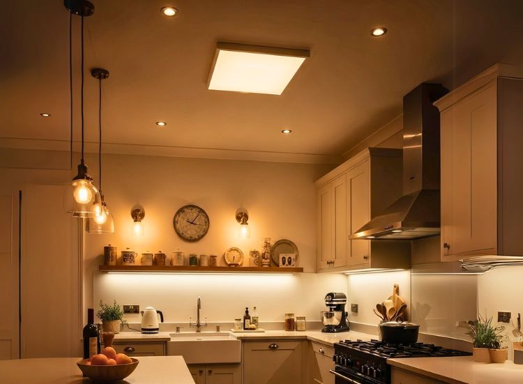 Layered kitchen lighting design combining ambient, task, and pendant lights to achieve a well-lit, stylish, and functional kitchen space.