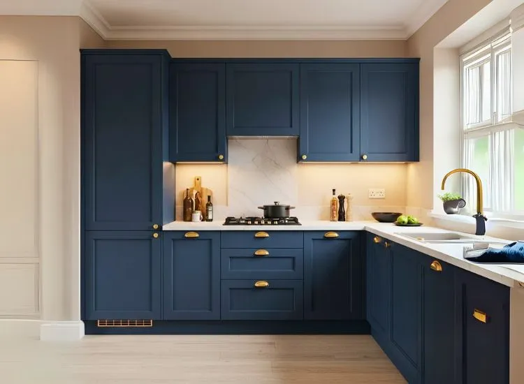 Simple kitchen colour combination featuring bold hues paired with neutrals for a striking modular kitchen design that balances energy with elegance.