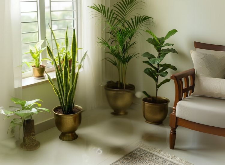 Modern living room design with indoor plants and natural elements, enhancing eco-friendly living room designs ideas.