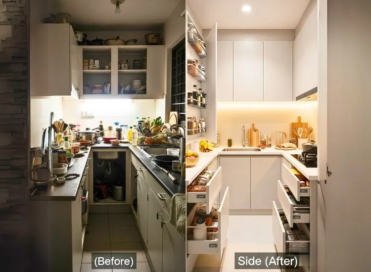 Case study of modular design for small kitchen: 8x10 feet compact modular kitchen design in Ahmedabad with smart storage.