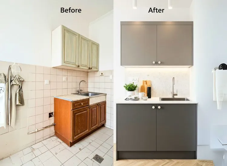 Rental kitchen makeover featuring modular kitchen design for small kitchen, maximizing space and style on a budget.