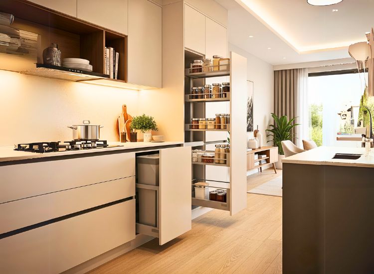 Choose sleek, hidden modular kitchen accessories for a clean look with smart accessories for modular kitchen design.