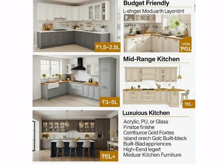 Infographic detailing the cost breakdown of modular kitchen design in India for 2025, highlighting price ranges for various layouts and finishes.