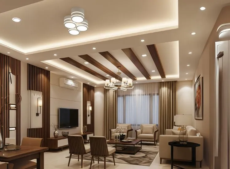 Creative ceiling treatment in modern living room design, adding depth and character to stylish living room designs ideas.